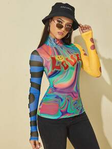 SHEIN ICON Mock Neck Letter & Cartoon & Striped Pattern Colorblock Y2k Graphic Top - Multicolor - View 4