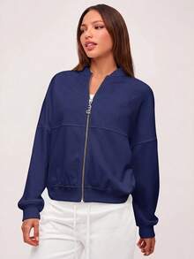SHEIN BASICS Chaqueta holgada de punto de unicolor con cuello alto y manga larga para mujer en otoño/invierno - Azul Marino - Ver 5