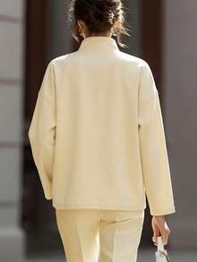 SHEIN Light Luxury Khaki Stand Collar Utility Pocket Thin Jacket, Loose Drop Shoulder Long Sleeve , Minimalist Commute Daily Versatile Relaxed Fit Jacket - Khaki - View 3