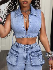 Slaydiva Casual Denim Top For Women - Blue - View 7