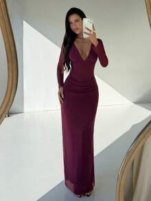 Aloruh Halloween Party Sexy Elegant Purple-Red Deep V-Neck Long Sleeve Ruched Bodycon Dress For Party And Dance - Red Violet - View 7