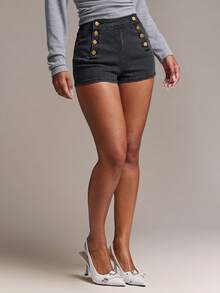 SHEIN BAE Women's Button Design Casual Versatile Denim Shorts - Black - View 6