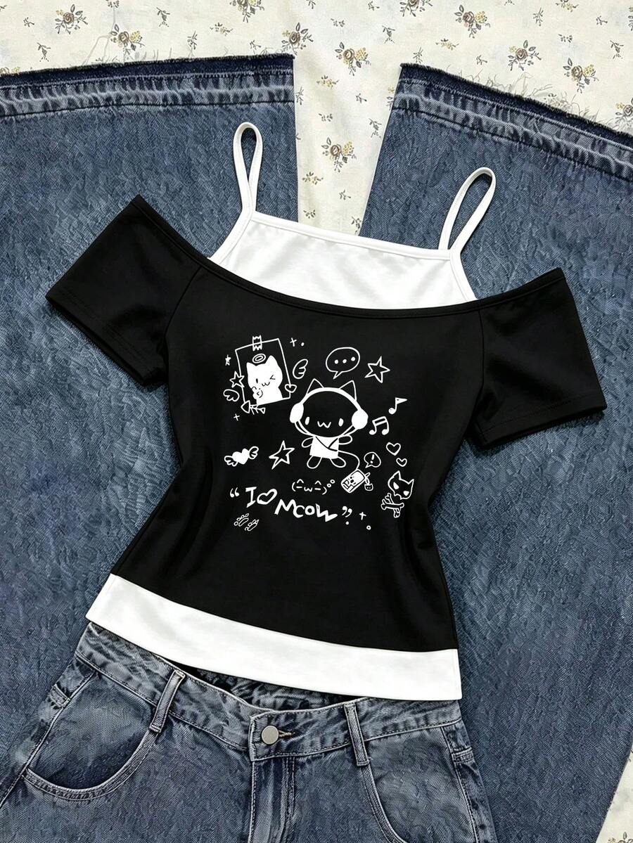 Girls' Creative Fresh Cute Rabbit & Cat Headphone Design Fun Letter Print 2 In 1 Off-Shoulder Spaghetti Strap Short Sleeve T-Shirt - Multicolor - View 1