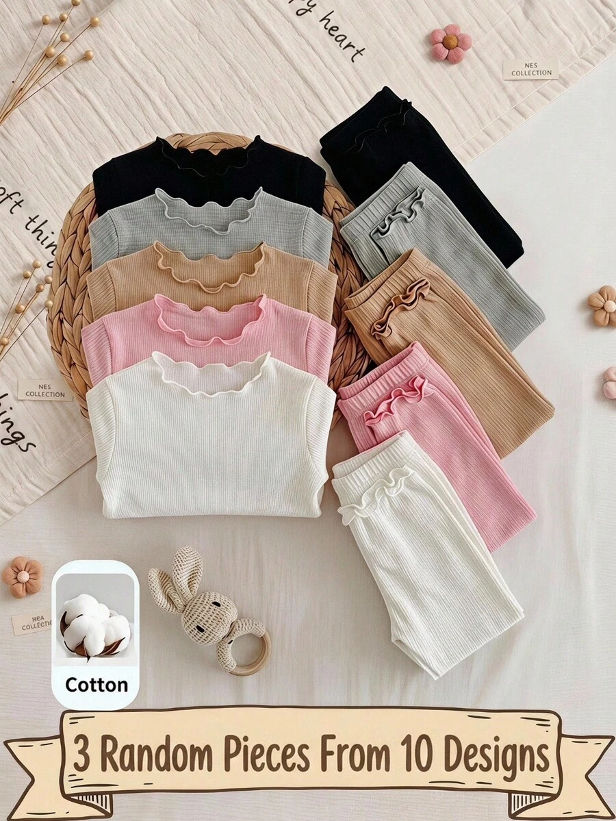 SHEIN Young Girl Solid Color Ruffle Collar Long Sleeve Casual T-Shirt 3 Random Pieces From 10 Designs - Multicolor - View 1