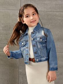 SHEIN Elladie kids 少女復古基本款做舊短版牛仔夾克，適合日常穿著、學校、校園、大學，秋季款 - 淺色水洗藍 - 查看 5
