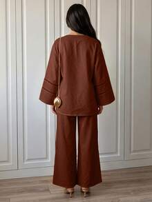 Duskaine Women's Solid Color Long Sleeve Top And Pants Casual Everyday 2 Pieces Set - Maroon - View 2
