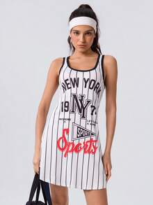 Loungeista Women's Striped Letter Print American Style Cool Tank Top Nightgown, All-Season Loungewear - White - View 7