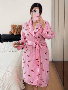 Napfluff CURVE Napfluff CURVE Plus Size Cherry Print Lapel Tie Striped Robe - Multicolor - View 1