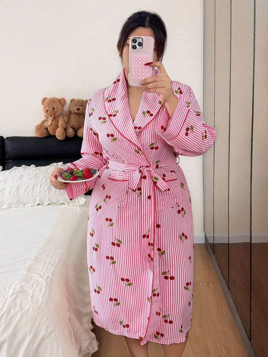 Napfluff CURVE Napfluff CURVE Plus Size Cherry Print Lapel Tie Striped Robe - Multicolor - View 1