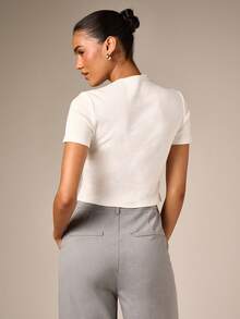 AiiRZ Asymmetric V-Neck Ribbed Knit Crop T-Shirt Fitted Short Sleeve Casual Summer Essential Top - White - View 4