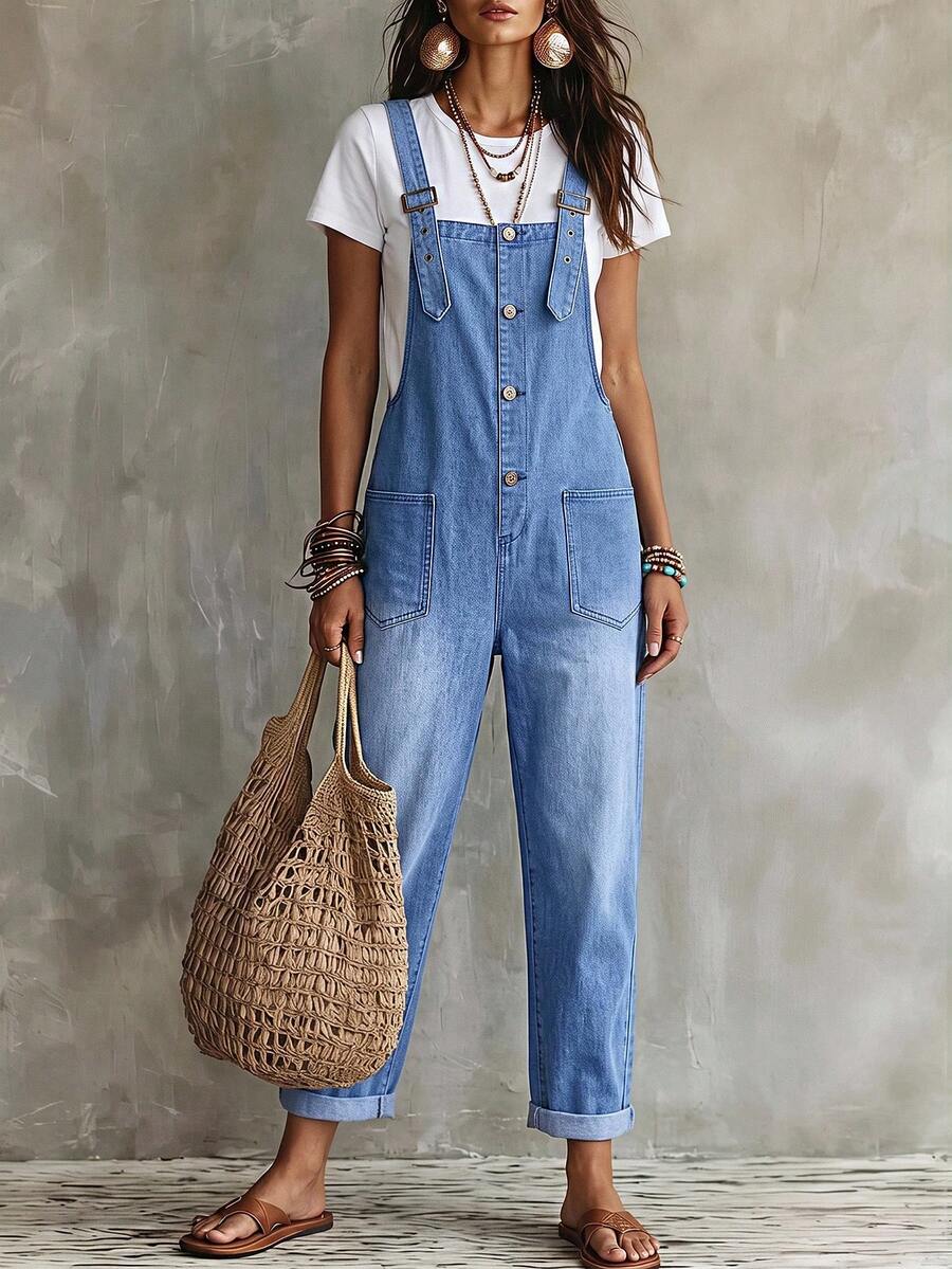 Balvessa Women's Fashion Versatile Button Pocket Denim Overalls - Blue - View 1