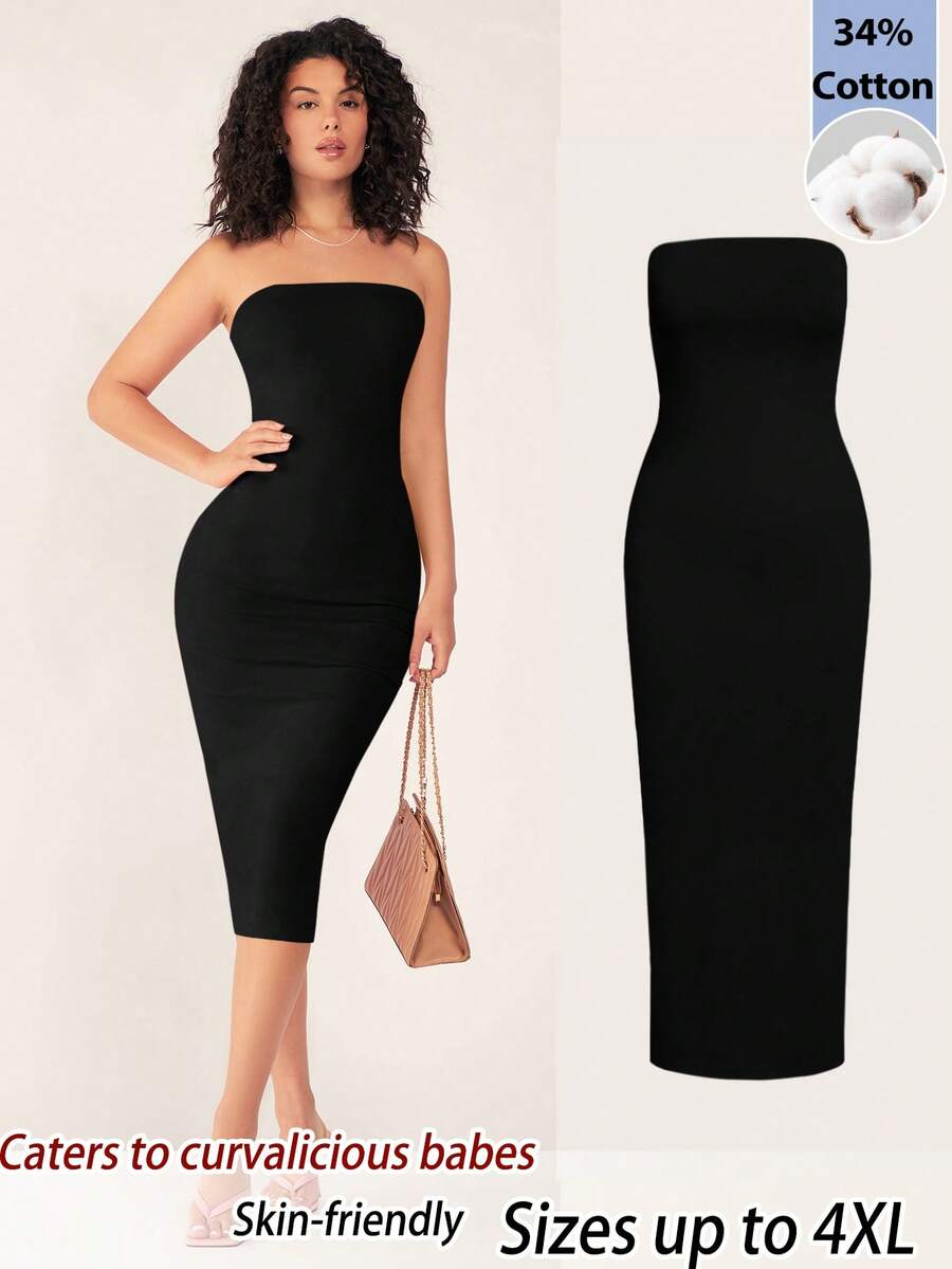 SHEIN BASICS Gaun Tanpa Lengan Minimalis Kasual Warna Polos Ukuran Besar untuk Wanita, Cocok untuk Pesta dan Acara Kumpul-kumpul - Hitam - View 1
