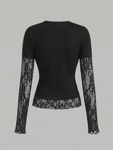 SHEIN 青少年女孩 T-Shirt，秋季黑色針織收腰設計對比蕾絲 2 合 1 T-Shirt，返校穿搭，長袖上衣，黑色上衣，休閒 - 黑色 - 查看 2
