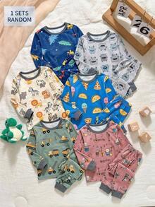 Loomiva Piyama Bayi Laki-laki Pas Badan Motif Kartun Hewan Rajut Lembut Kerah Bulat Lengan Panjang Atasan Pullover Pinggang Elastis Celana Panjang Set 2 Potong, Halloween Musim Gugur - Navy Blue - View 2