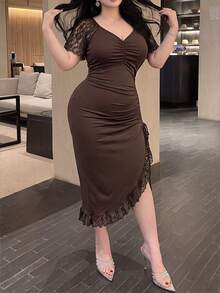 Vibekara Abito con maniche in pizzo, marrone caffè, adatto per appuntamenti romantici, feste formali, outfit per San Valentino, serate fuori, stile elegante e sexy per adulti - Caffè Marrone - Visualizzare 6