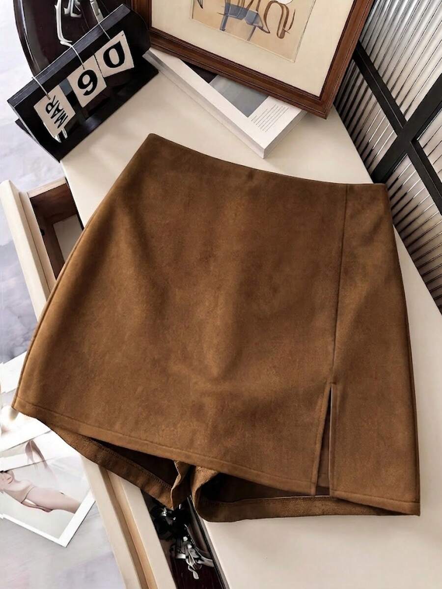 SHEIN Franclia Women's Solid Color Fashion Versatile Daily Skort - Brown - View 1