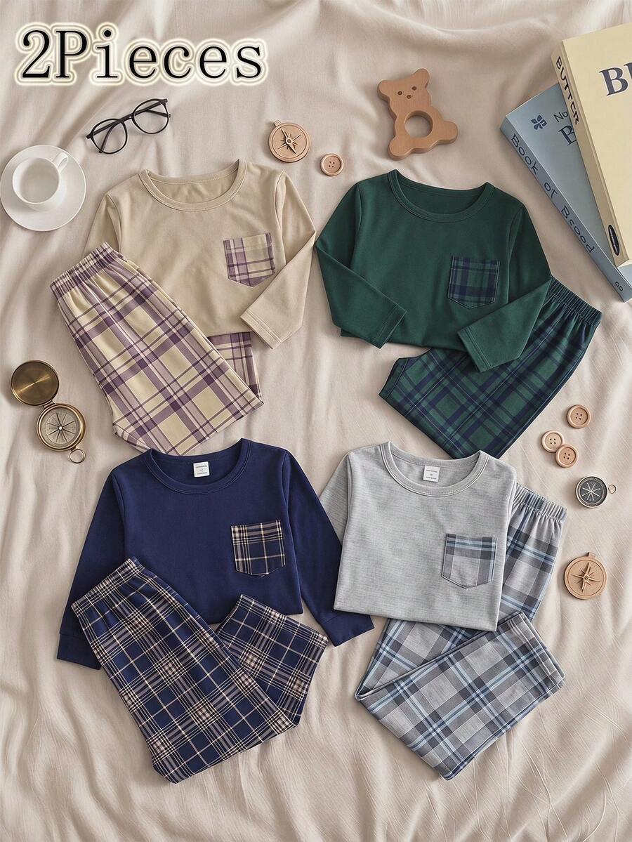 SHEIN 小男孩拼接格紋口袋長袖上衣與長褲居家服套裝 - 卡其色 - 查看 1