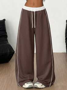 SHEIN Pantalones largos casuales de uso diario con cintura con cordón y bloques de color para niña preadolescente - Marrón - Ver 1