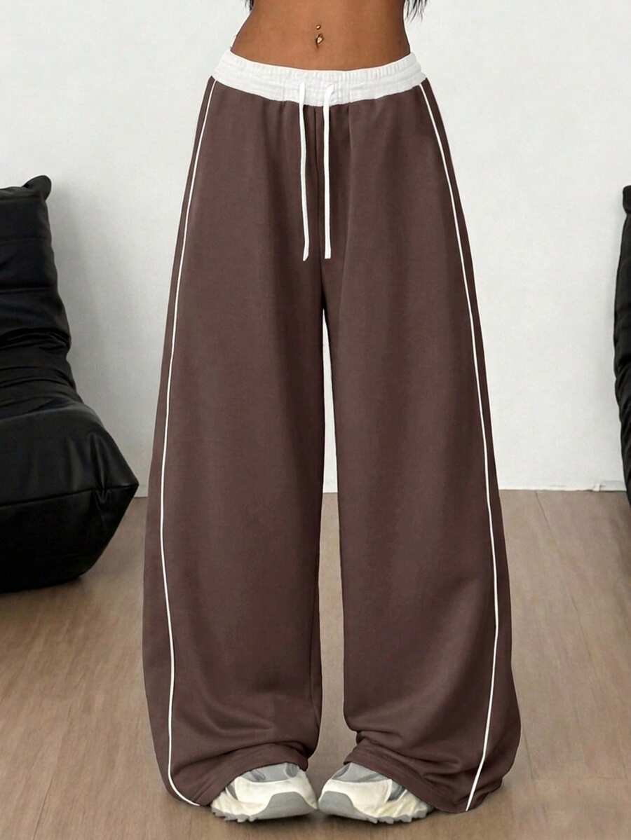SHEIN Pantalones largos casuales de uso diario con cintura con cordón y bloques de color para niña preadolescente - Marrón - Ver 1