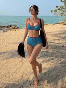 DAZY Setelan Baju Renang Dua Potong Gaya Liburan untuk Anak Perempuan: Atasan Tank Top Berkilau yang Melangsingkan dan Bawahan Bikini Segitiga Warna Kontras - Biru - View 6
