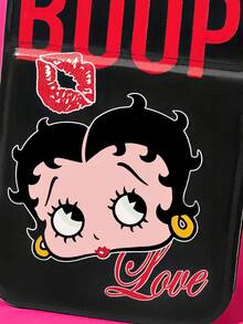 Betty Boop x SHEIN Vintage Lip Print Lady Folding Pocket Makeup Mirror, Wear-Resistant Faux Leather Shell, Compact Foldable Design, Mini Hand Mirror For Girls Daily Touch-Ups Travel Carry - Black - View 3