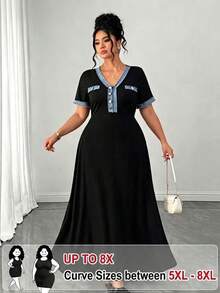 SHEIN CURVE+ Plus Size Women's Knitted Ribbed Fabric Long Dress, Short Sleeve Sexy Slim Fit Button Elegant Party Dress - Black - View 1