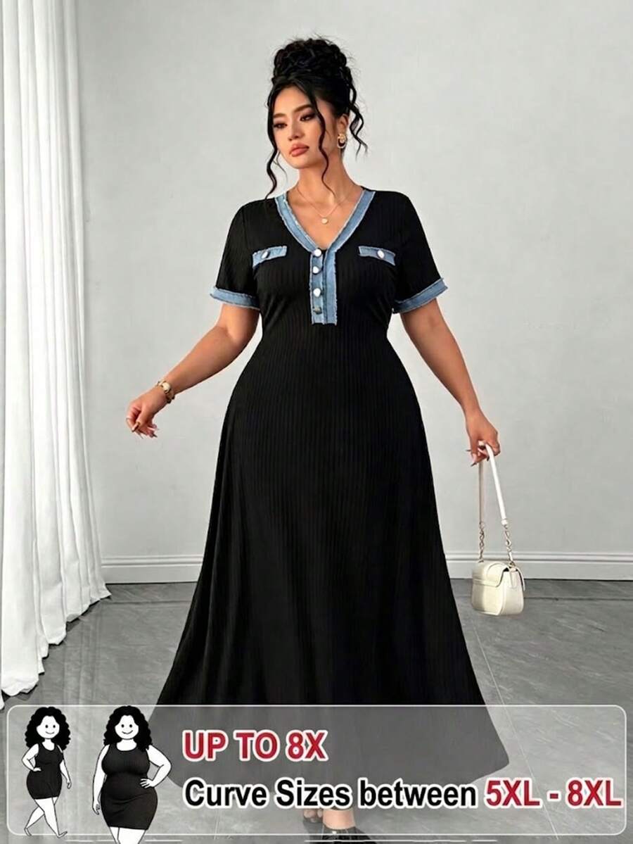 SHEIN CURVE+ Plus Size Women's Knitted Ribbed Fabric Long Dress, Short Sleeve Sexy Slim Fit Button Elegant Party Dress - Black - View 1