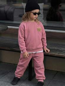 THE HAPPY LOOK Kleine Mädchen 2 Stücke Cartoon Bär Muster Strick Weicher Kontrast Farbiger Rundhals Langarm Pullover und Elastischer Taille Hose Set - Verschiedenfarbig - Übersicht 8