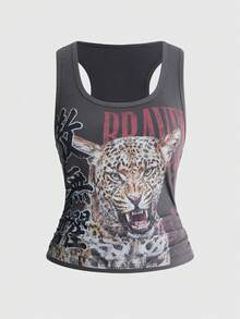 ROMWE Avant Women's Vintage New Chinese Style Leopard Print Chinese & English Graphic All-Match Versatile Tank Top Plus Size - Dark Grey - View 1
