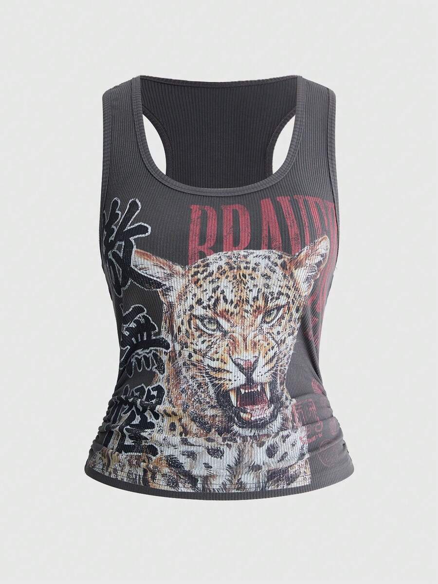ROMWE Avant Women's Vintage New Chinese Style Leopard Print Chinese & English Graphic All-Match Versatile Tank Top Plus Size - Dark Grey - View 1