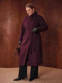 MOTF PREMIUM PLUS SIZE WOMEN'S WOOL BLEND MID-LENGTH OVERCOAT WITH BELT - Burgundy - View 7