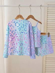 Tween Girl Leopard Print Long Sleeve Single-Breasted Top, Camisole And Shorts Casual Set - Multicolor - View 2