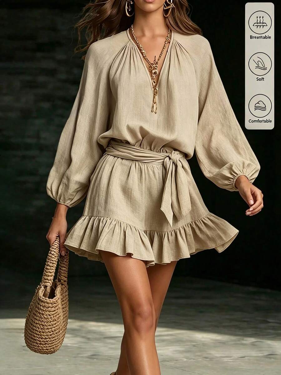 SHEIN Latest Women's Gentle Style Textured V-Neck Tie-Front Ruffle Dress, Crafted From Light Apricot Textured Fabric, V-Neck + Gathered Neckline With Lantern Sleeve Design, Waist Tie Bow Cinched Waist, Ruffle Hem Adds Lively Atmosphere, Suitable For Daily Dates, Light Vacations, Casual Commuting - Khaki - View 1