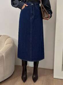 DAZY Autumn/Winter Straight Mid-Length Dark Blue Washed Commuter Style Women's Denim Skirt - Blue - View 5