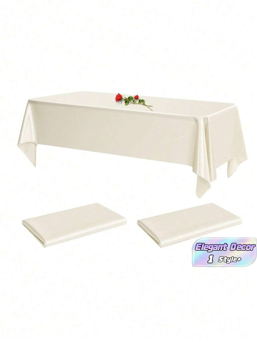 2Pcs Rectangular Satin Tablecloth 145x260cm, Smooth Silk Fabric Table Cover For Wedding Banquet Party Event Decor - Beige - View 1