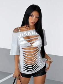 StreetHx Women's Grey Ripped Front Sexy Hollow Out Fringe Design StreetWear Y2K Baddie Punk Rock Oversized Suitable For Halloween Short Sleeve T-Shirt - Grey - View 1