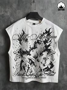Manfinity Roghcode Boxy Cropped Streetwear Distressed Grey City Wall Calligraphy English Cross Print White Pure Cotton Tank Top, Suitable For Spring And Summer - White - View 8