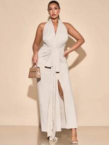 SHEIN BAE Plus Size Women Elegant Long V-Neck Halter Backless Dress, Suitable For Daily Wear, Outing, Dates, Afternoon Tea, Vacation, Spring/Summer - Apricot - View 5