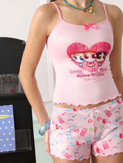 Chillnights THE POWERPUFF GIRLS X SHEIN Set Lingerie Wanita dengan Motif Kartun Huruf, Kamisol, dan Celana Dalam Hipster