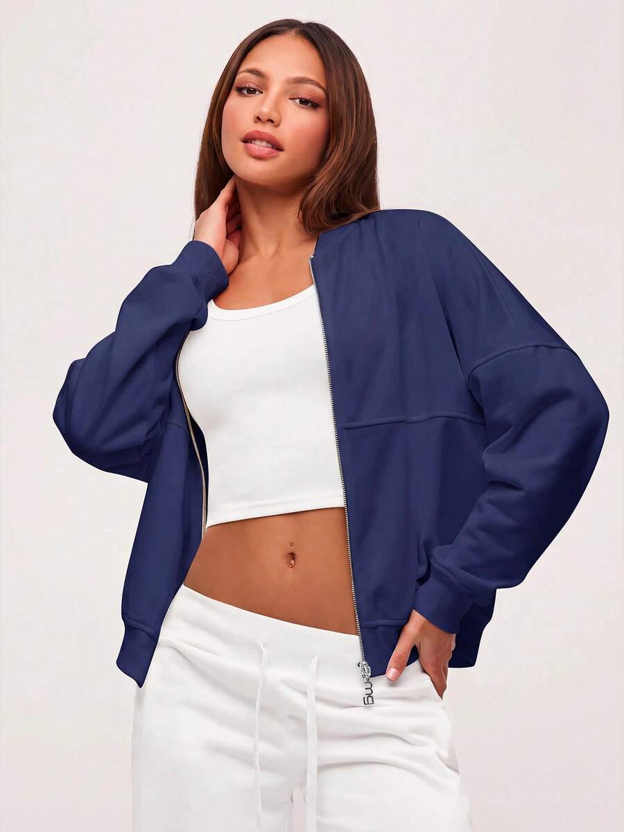 SHEIN BASICS Chaqueta holgada de punto de unicolor con cuello alto y manga larga para mujer en otoño/invierno - Azul Marino - Ver 1