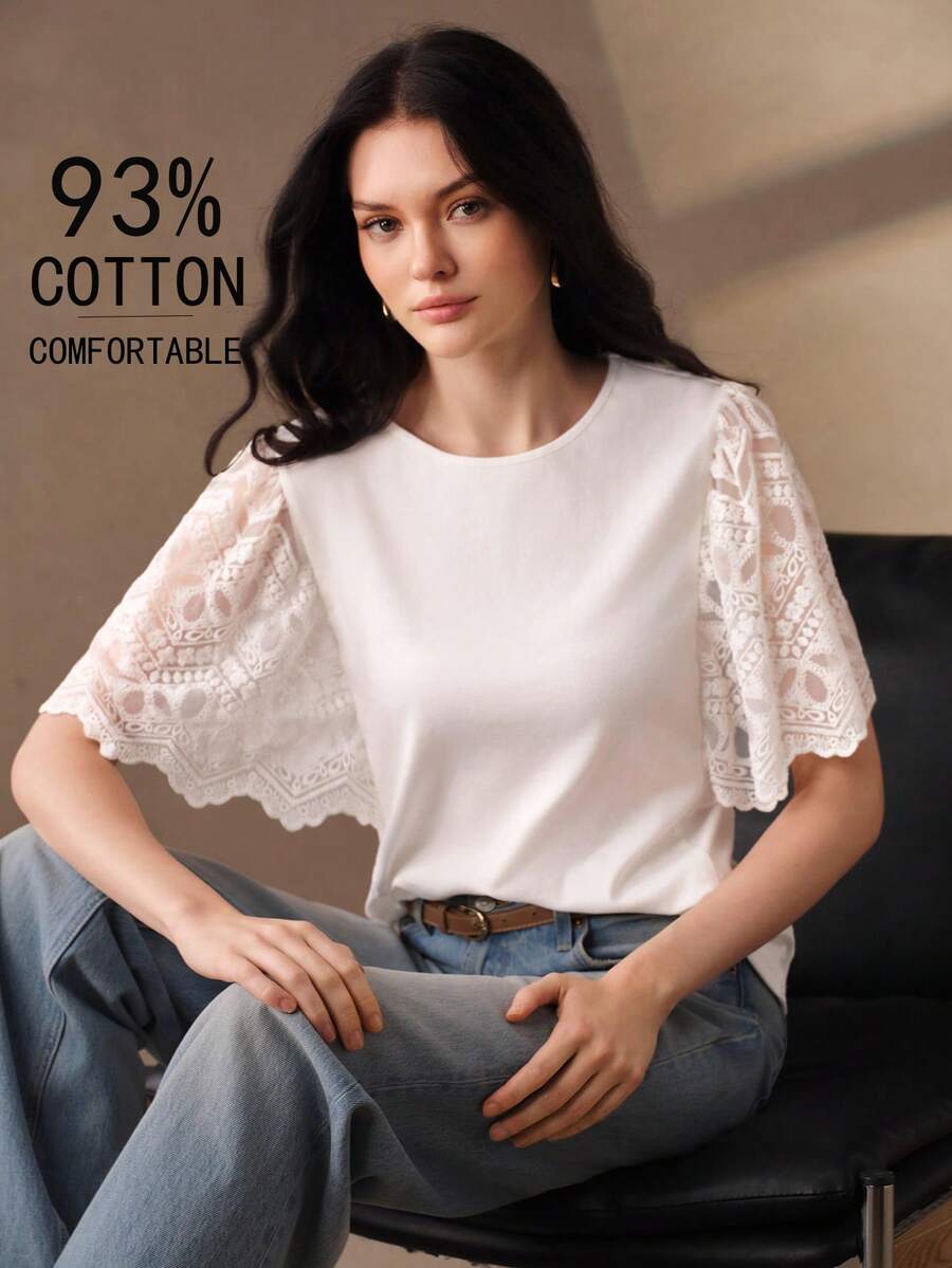 Anewsta New Fashion Elegant Design Lace Patchwork Loose Casual Women's T-Shirt - White - View 1