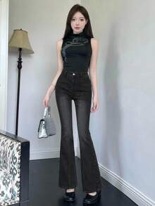 DAZY Teen Girl Solid Color Slant Pocket Fitted Flare Leg Jeans - Black - View 4