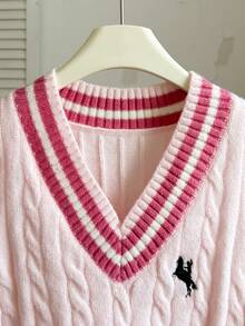 SHEIN 女童 (大號) 淺杏色 V 領刺繡針織背心，柔軟舒適，適合外出、旅行、度假、托兒所和玩耍 - 粉色 - 查看 4