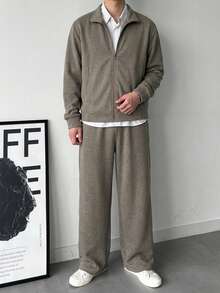DAZY Spring/Autumn Solid Olive Green Commuter Slightly Loose Jacket With Elastic Waist Slim Leg Pants Men's Outerwear Set - Olive Green - View 7