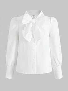 SHEIN Tween女孩休閒簡約舒適翻領長袖荷葉邊飾襯衫 - 白色 - 查看 5