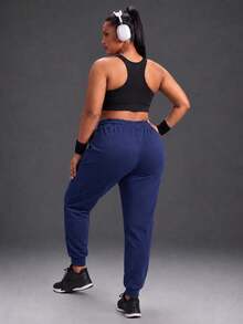 Powerista Women's Plus Size Summer And Spring Mid-Rise Navy Outdoor Jogger Pants With Drawstring Waist And Side Pockets Casual And Comfortable Outdoor Wear - Navy Blue - View 2
