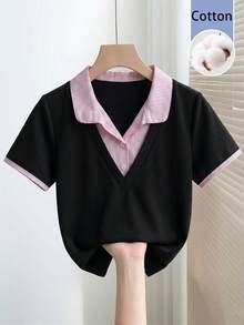 SHEIN Franclia 女款春夏白色與藍色條紋V領襯衫，休閒日常派對通勤出遊下午茶短袖T恤 - 黑色 - 查看 4