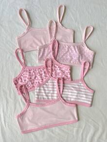 Girlism 兒童青少年女孩 5件組 黑色、純白色、黑白波點、粉色休閒簡約軟墊內衣，蝴蝶結條紋設計，適合返校季 - 粉色 - 查看 2