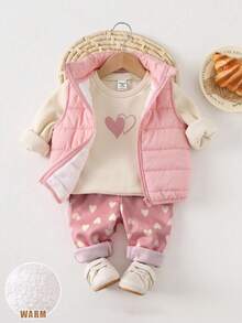 SHEIN Baby Girl 3pcs Set: Knitted Soft Round Neck Long Sleeve Pullover Sweatshirt With Heart Pattern, Elastic Waist Long Pants, And Woven Solid Color Stand Collar Sleeveless Vest - Multicolor - View 1
