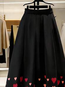 Franclia 女士渐变心形图案弹力腰休闲日常通勤外出约会中长裙，春夏黑色长裙心形印花裙女士长裙优雅裙中长裙心形连衣裙女士长裙裙装喇叭裙长裙女士优雅正式Y2k中长裙Zanzea连衣裙女士正装裙羊毛裙 - 彩色 - 查看 3